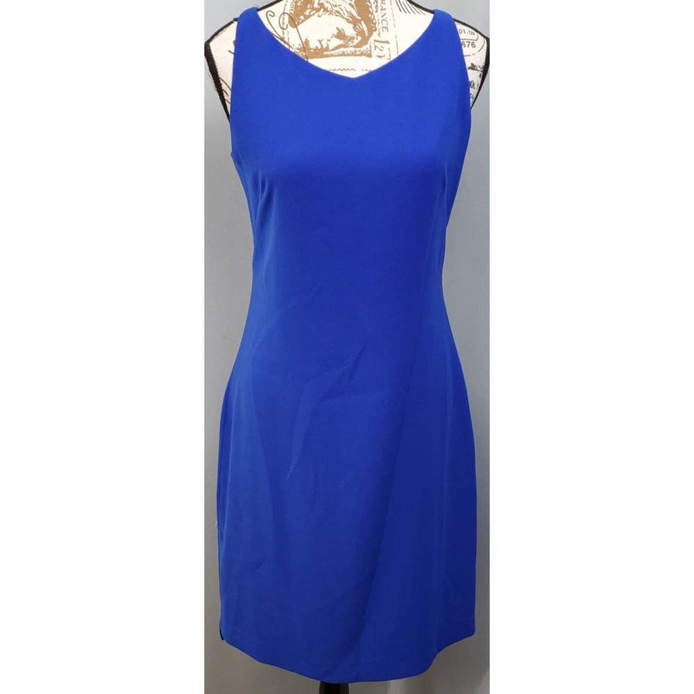 T Tahari Sheath Dress Women 4 Royal Blue Lined Casual Sleeveless V-Neck Back Zip